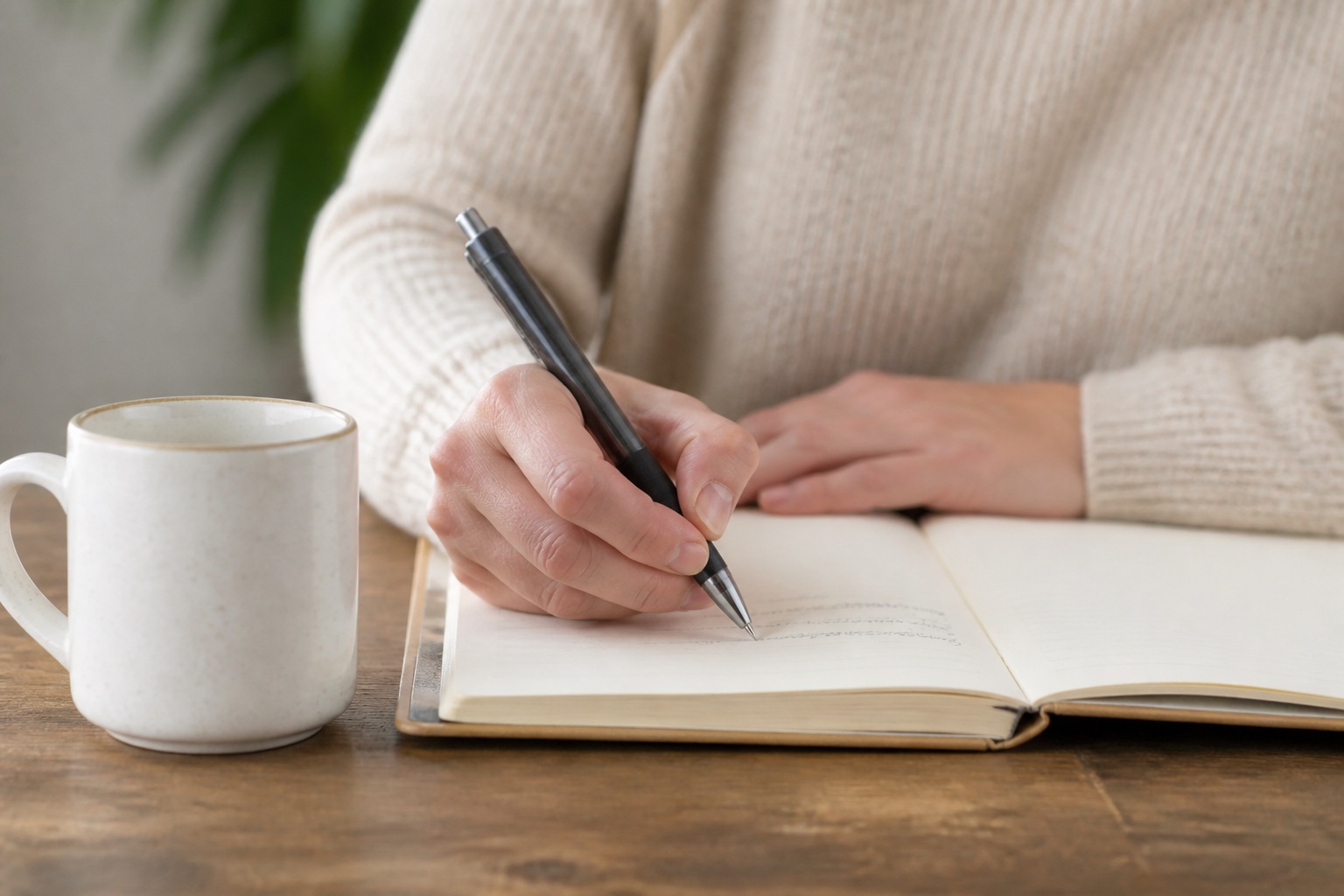 Hands writing notes in a notebook beside a coffee mug