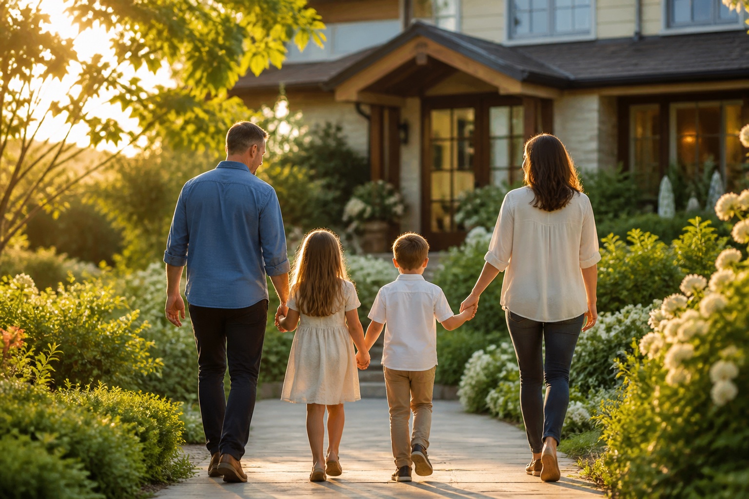Family walking together along a sunlit garden path