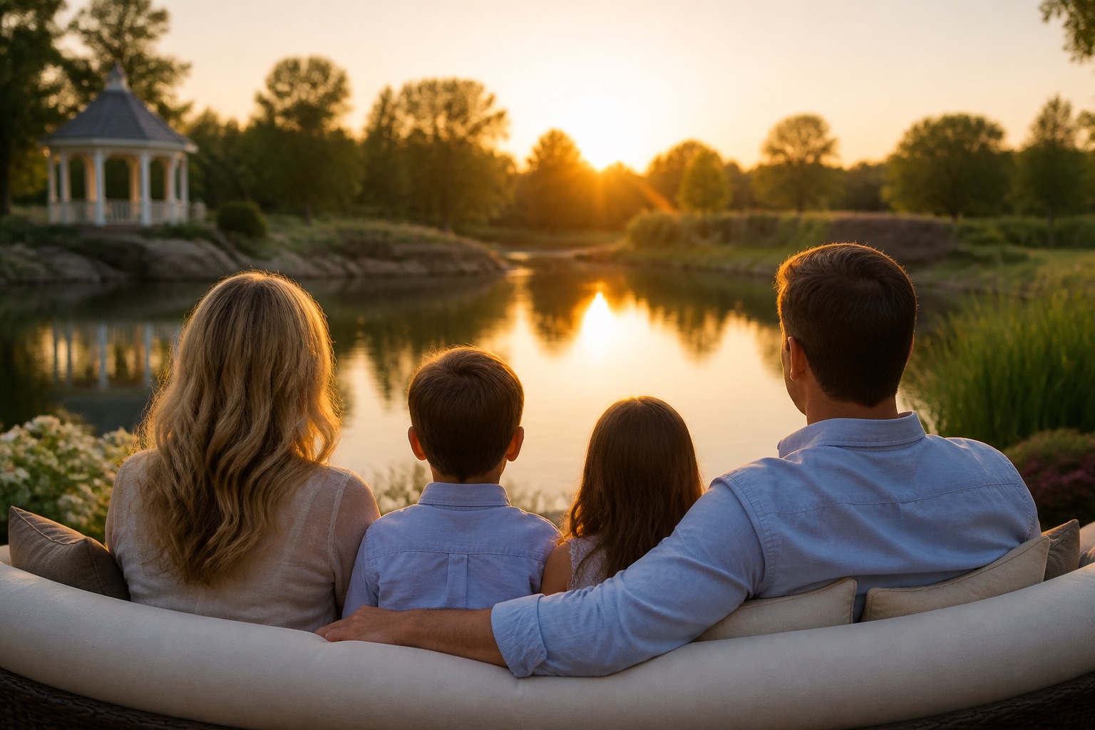 Family sitting together outdoors at sunset overlooking a peaceful landscape