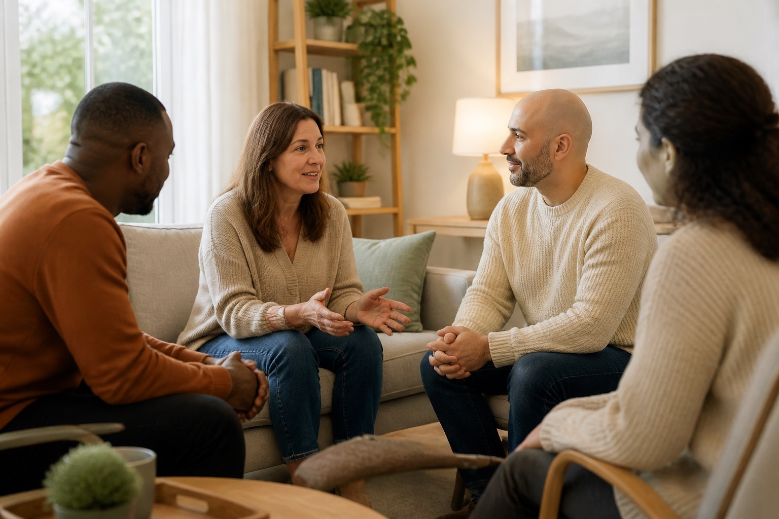 Adults gathered in a living room for supportive conversation