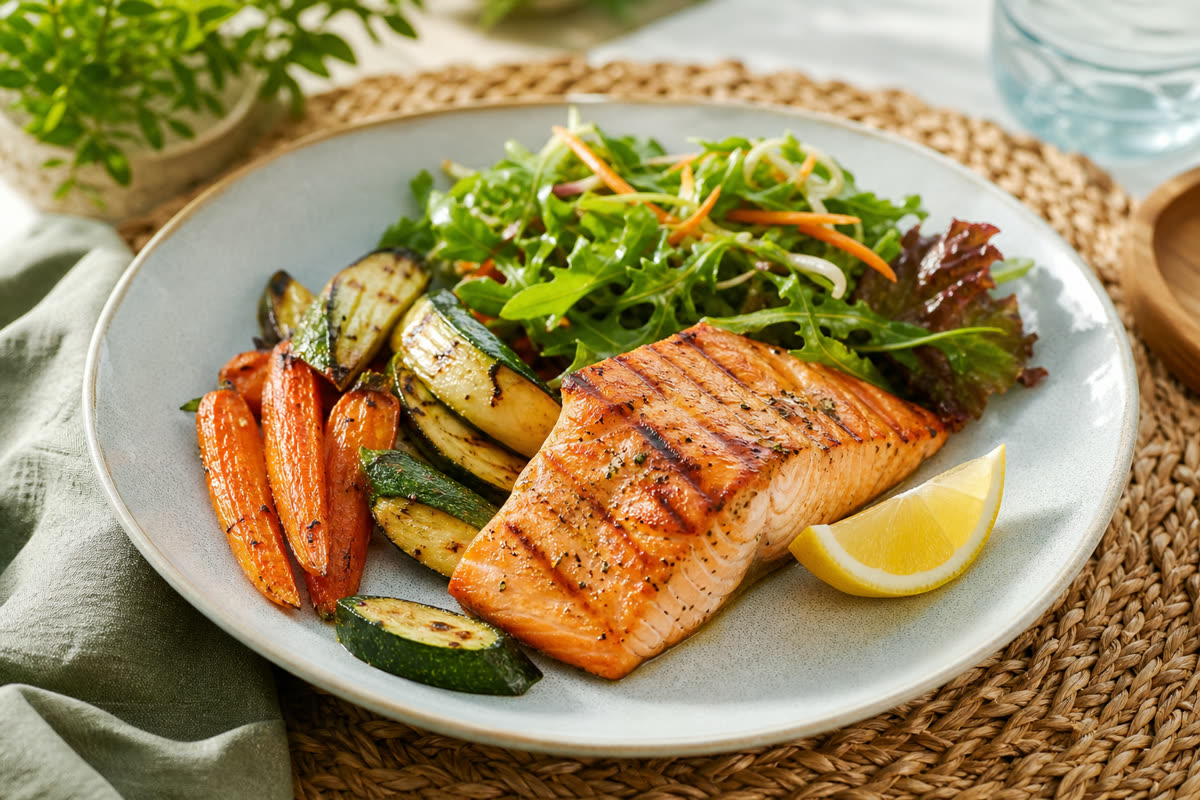 Chef-prepared healthy meal with salmon and vegetables