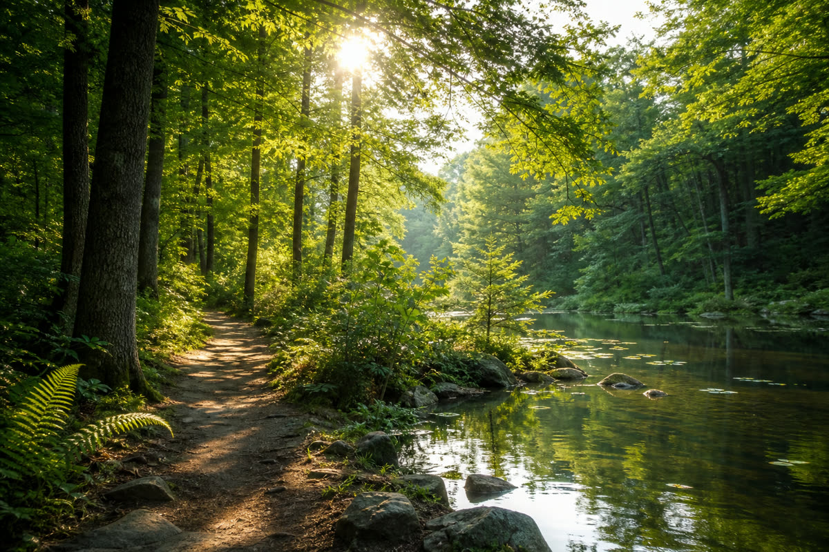 Sunlit forest path for somatic healing